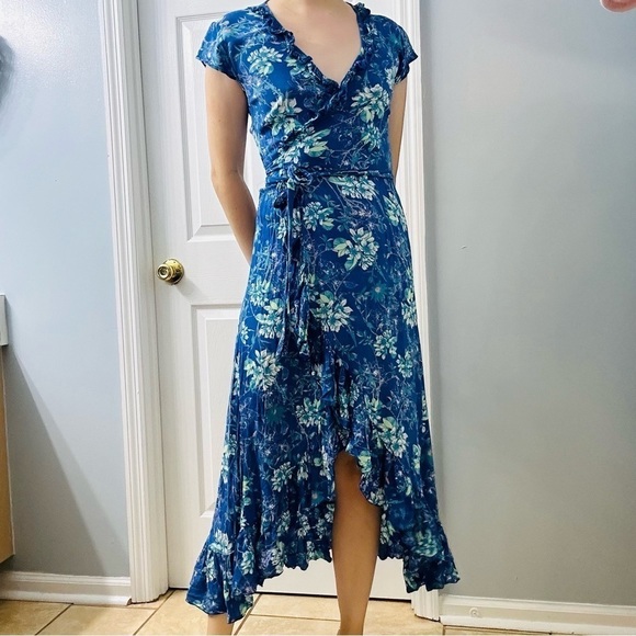 Walker & Wade Dress High Low Midi Floral Blue Wrap Vacation Summer Extra Small - Picture 8 of 8